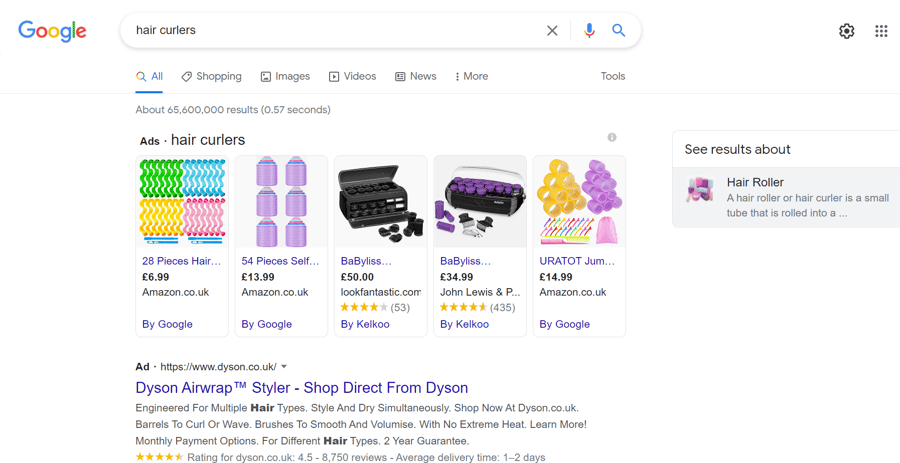 SERP results from a product search